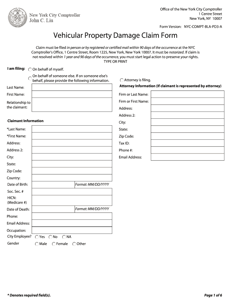 Vehicular Property Damage Claim Form Nyc Compt Bla Pd3 D