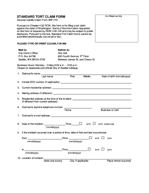 General Liability Claim Form #SF 210 Seattle