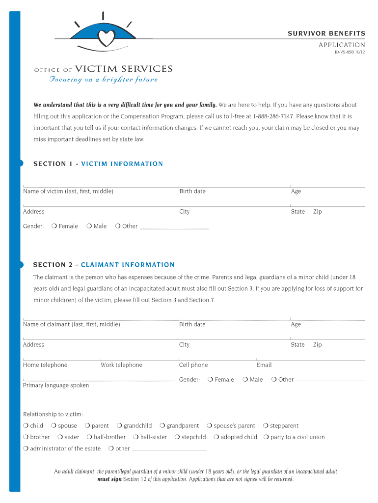  SURVIVOR BENEFITS Application SECTION ONE VICTIM    Jud Ct 2012