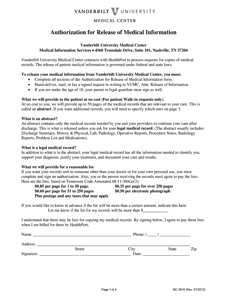 Vanderbilt Medical Records  Form