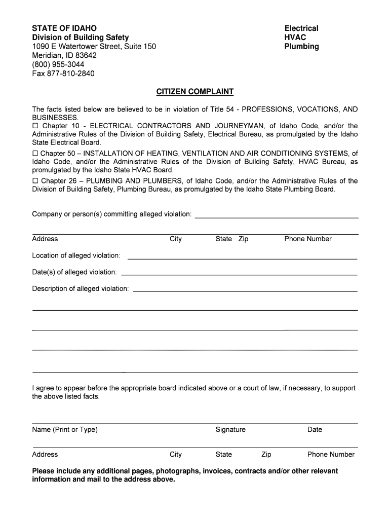 State of Idaho Division of Building Safety Citizen Complaint Form