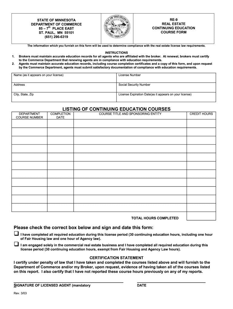  Form Re 9 Real Estate Continuing Ed Course Form Re 9 2003-2024