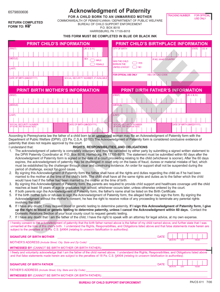 Acknowledgment of Paternity Form Pa Cs 611