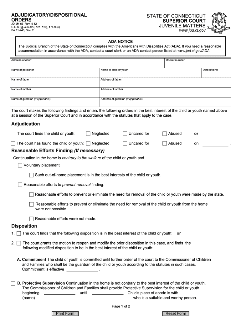  Adjudicatorydispositional Orders  Connecticut Judicial Branch  Jud Ct 2012-2024