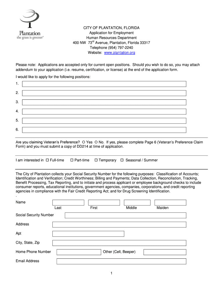 General Employment Application  City of Plantation  Plantation  Form