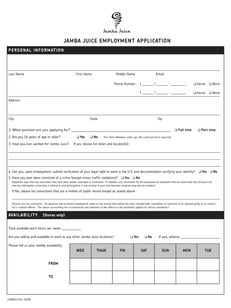 Jamba Juice Application  Form
