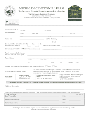 Michigan Centennial Farm Sign  Form