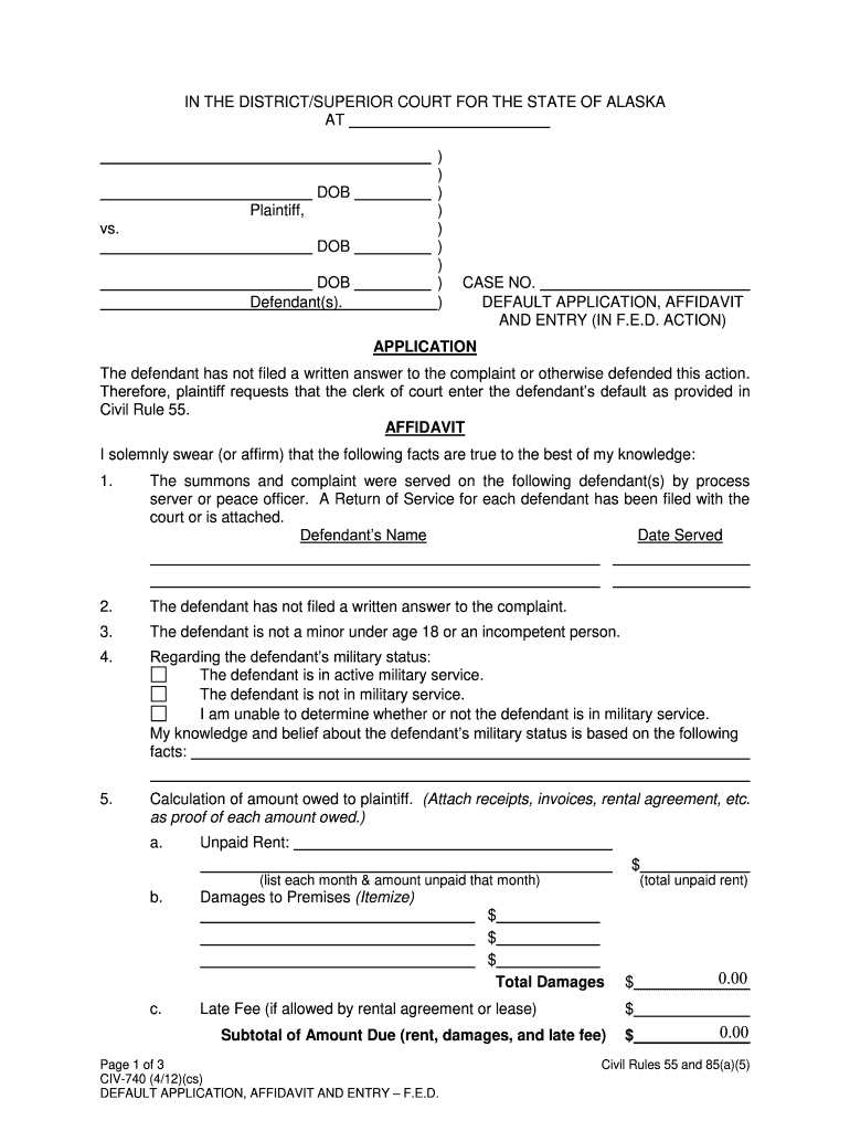 Default Application Affidavit and Entry in Fed Action Form