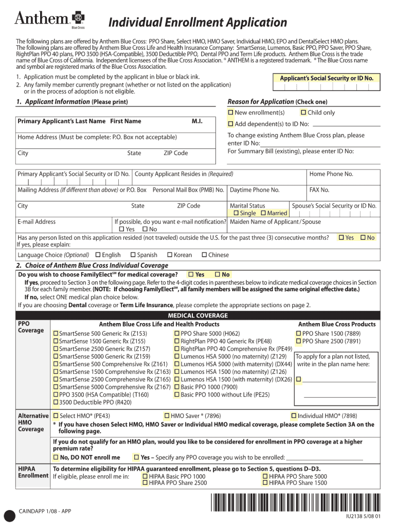  Anthem Blue Cross Application Form 2008