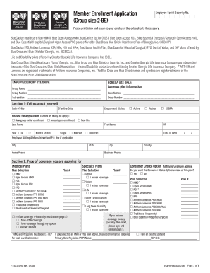 Blue Cross Blue Shield Member Enrollment Application Group Size 2 99 Form