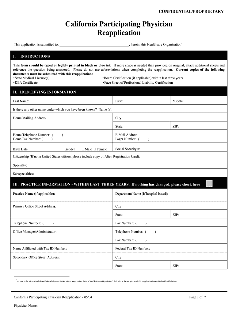 California Participating Physician Reapplication  Form