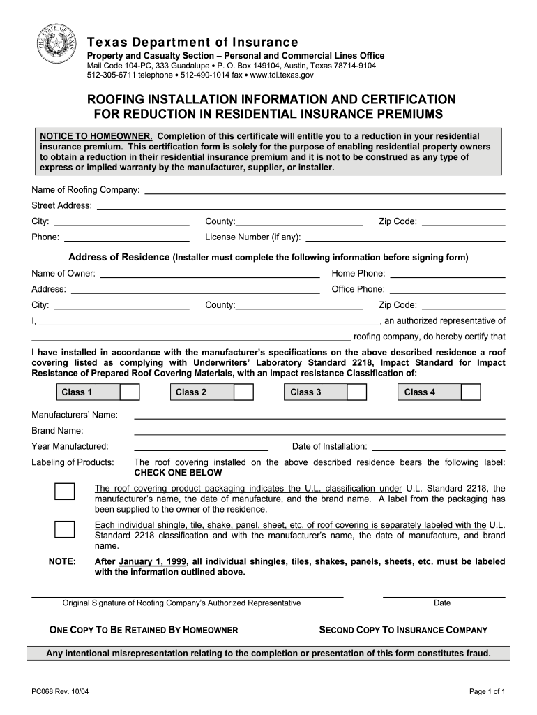 Fillable Hail Resistan Roof Certificate  Form
