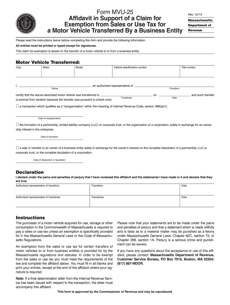  Form MVU 25, Affidavit in Support of a Claim for    Mass Gov  Mass 1999
