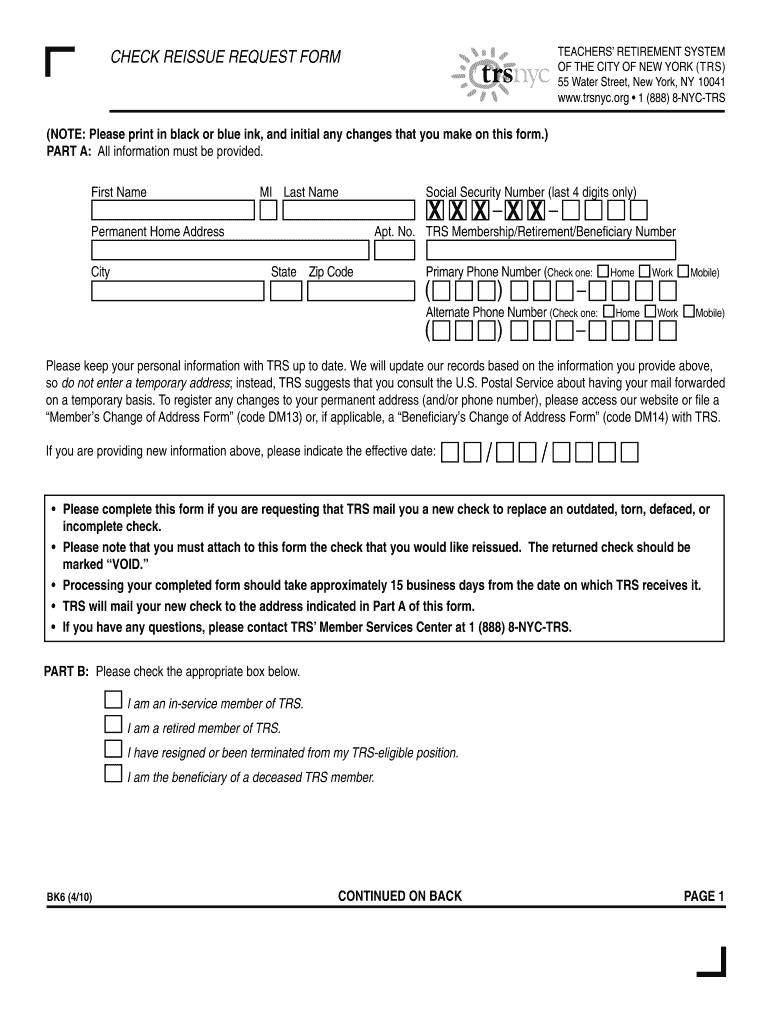 Check Reissue Request Form Code BK6  Trsnyc