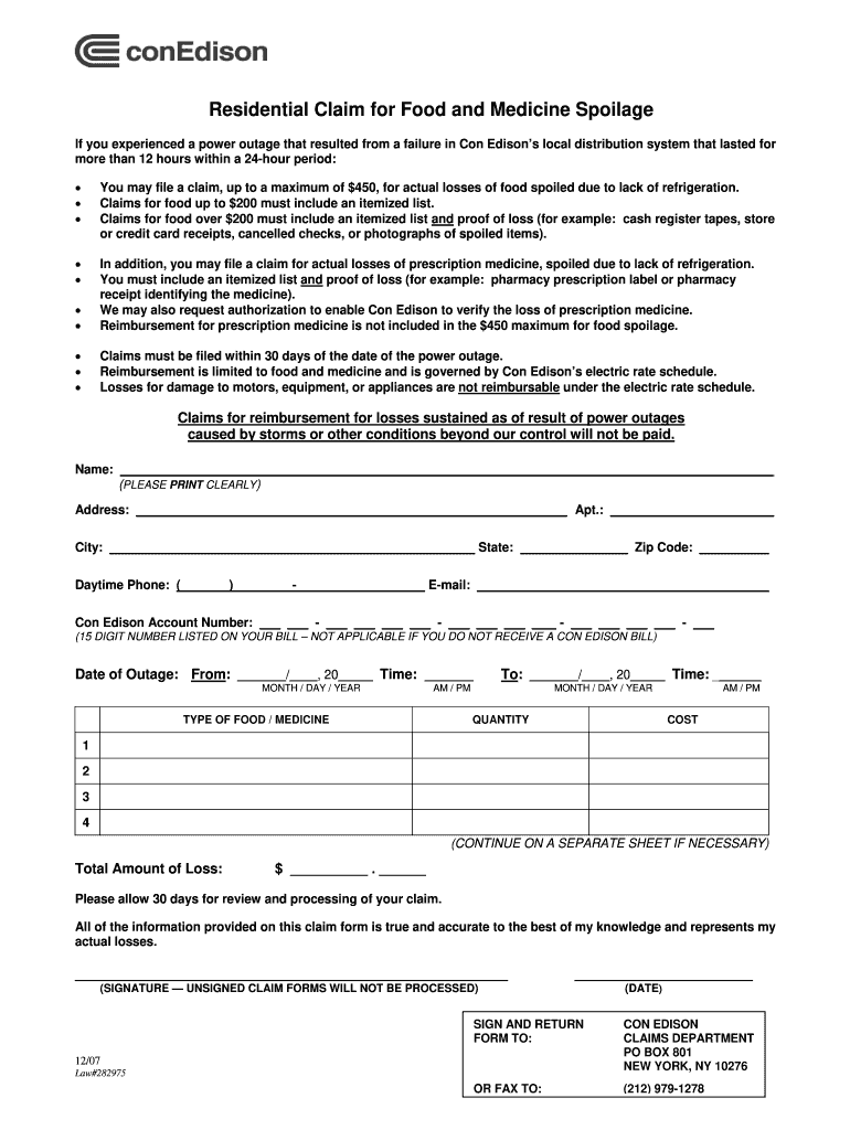  Residential Claim for Food and Medicine Spoilage  Form 2007