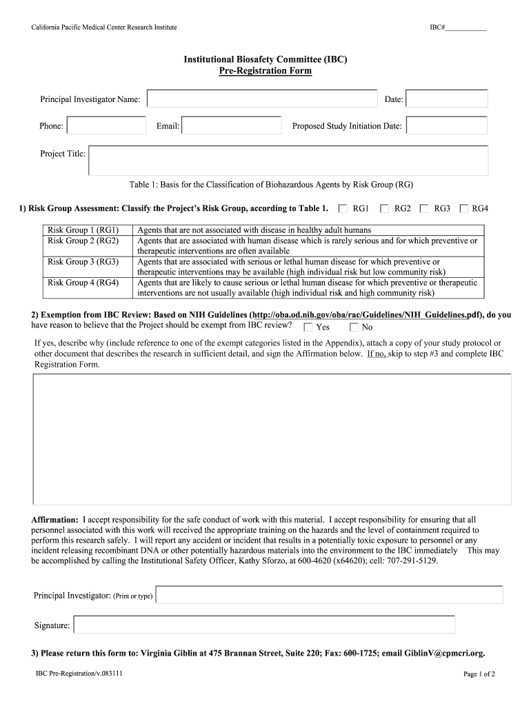 IBC Pre Registration Form  California Pacific Medical Center  Cpmc