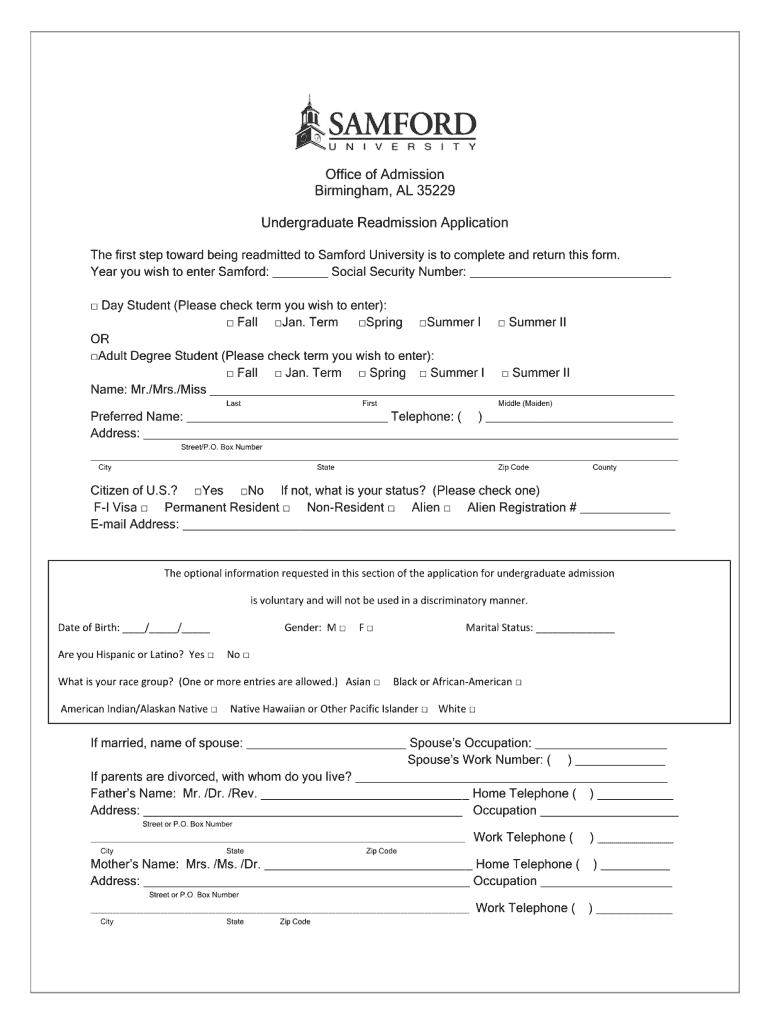 Office of Admission Birmingham, AL 35229 Undergraduate    Admission Samford  Form