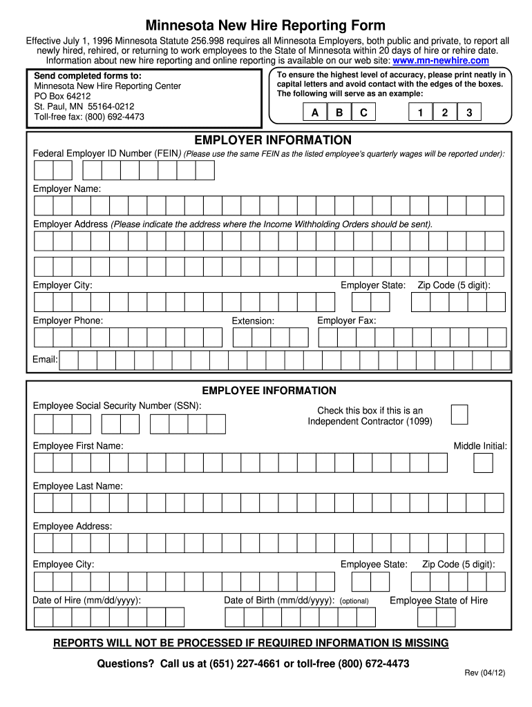  Mn New Hire Form 2012-2024