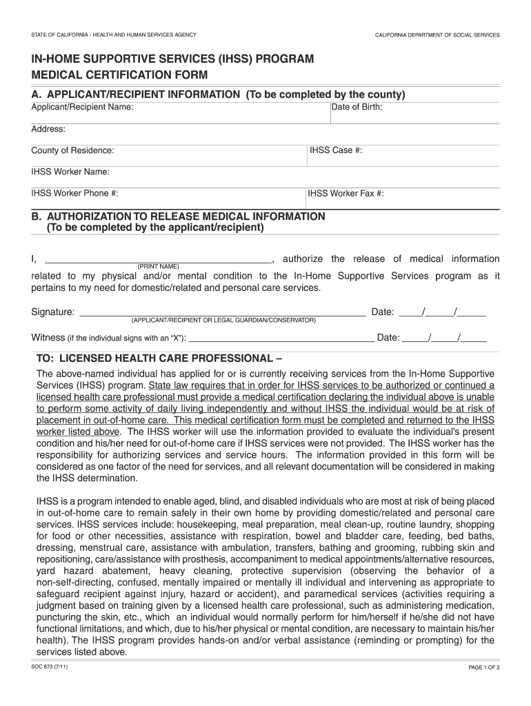  in Home Supportive Services Ihss Program Medical Certification Form 2011