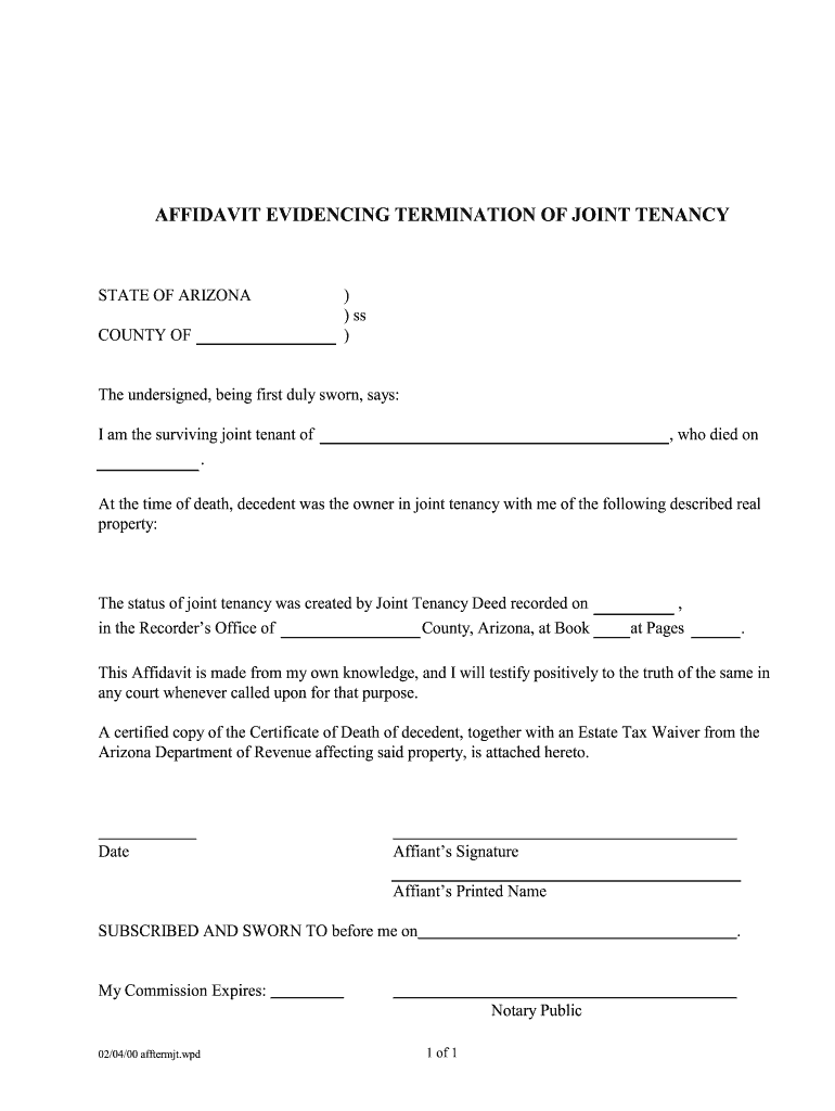Termination of Joint Tenancy Arizona  Form