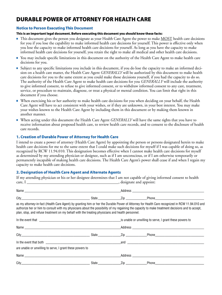 DURABLE POWER of ATTORNEY for HEALTH CARE Notice to Person Executing This Document This is an Important Legal Document  Form