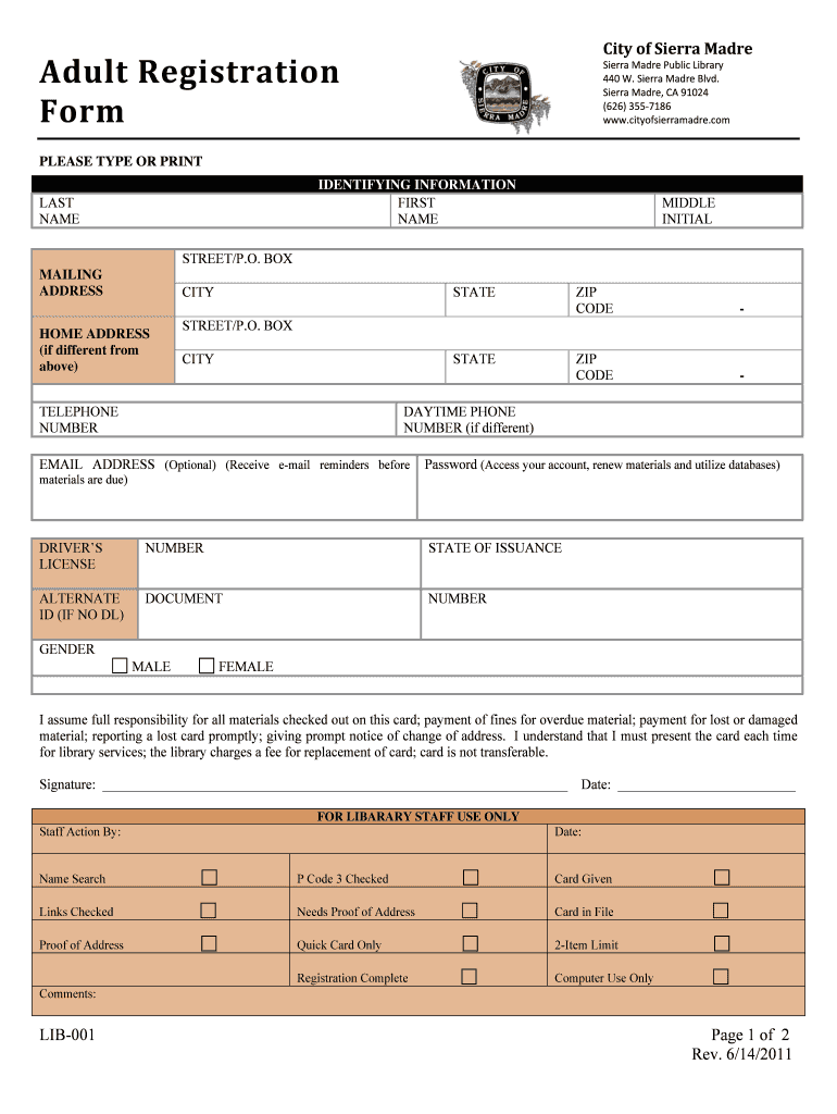 Adult Registration Form  City of Sierra Madre