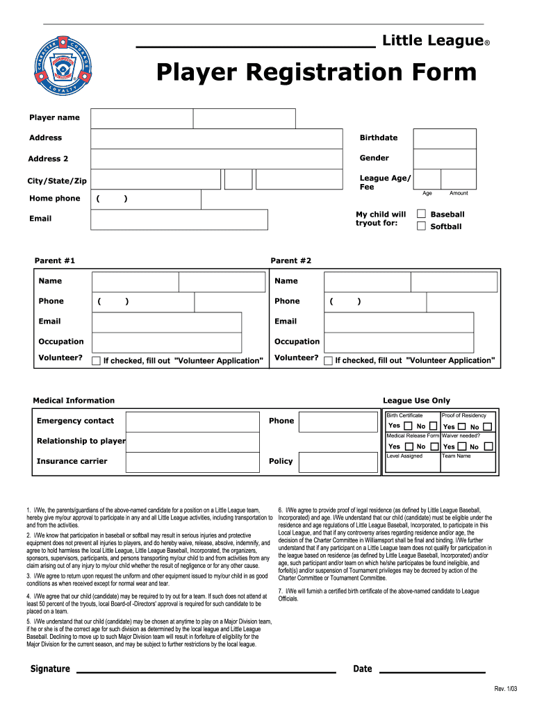  Player Registration Form Template 2003-2024