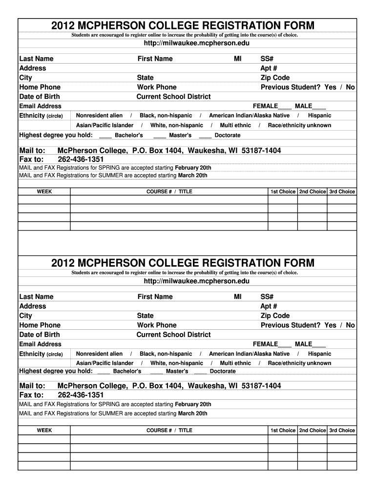 Get and Sign Registration Form  McPherson College Milwaukee Center  Milwaukee Mcpherson