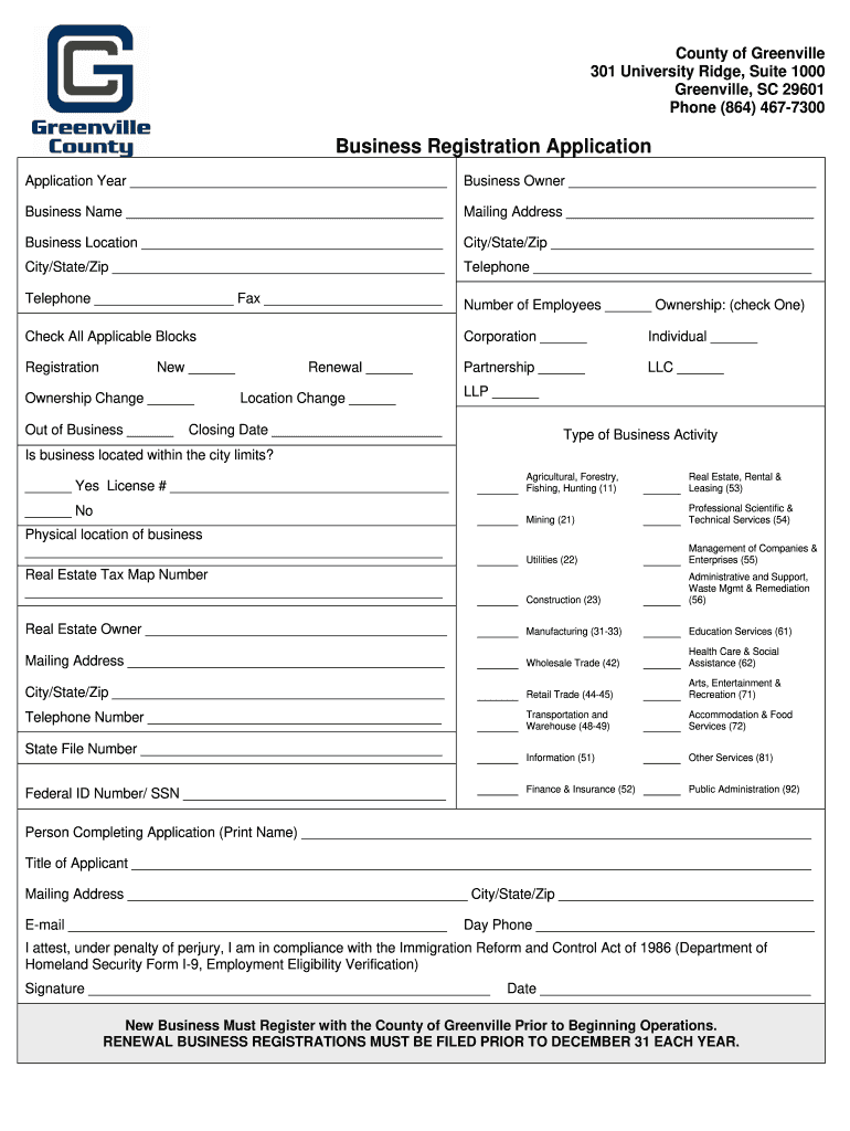 County of Greenville Business Registration  Form