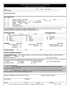 Massachusetts Schools Health Form