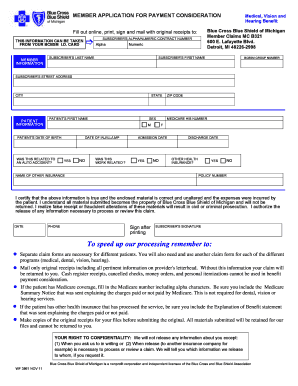 Get and Sign Blue Cross Blue Shield of Michigan Southfield Member Application for Payment Consideration Form 2011-2022