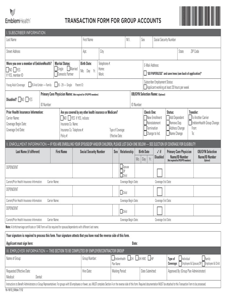  Emblemhealth Transaction Form for Group Accounts 2012