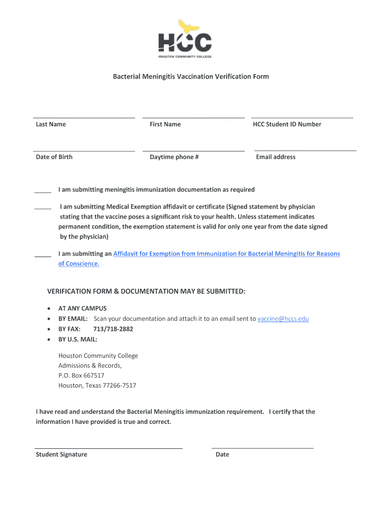 Hcc Meningitis Vaccination Verification Form