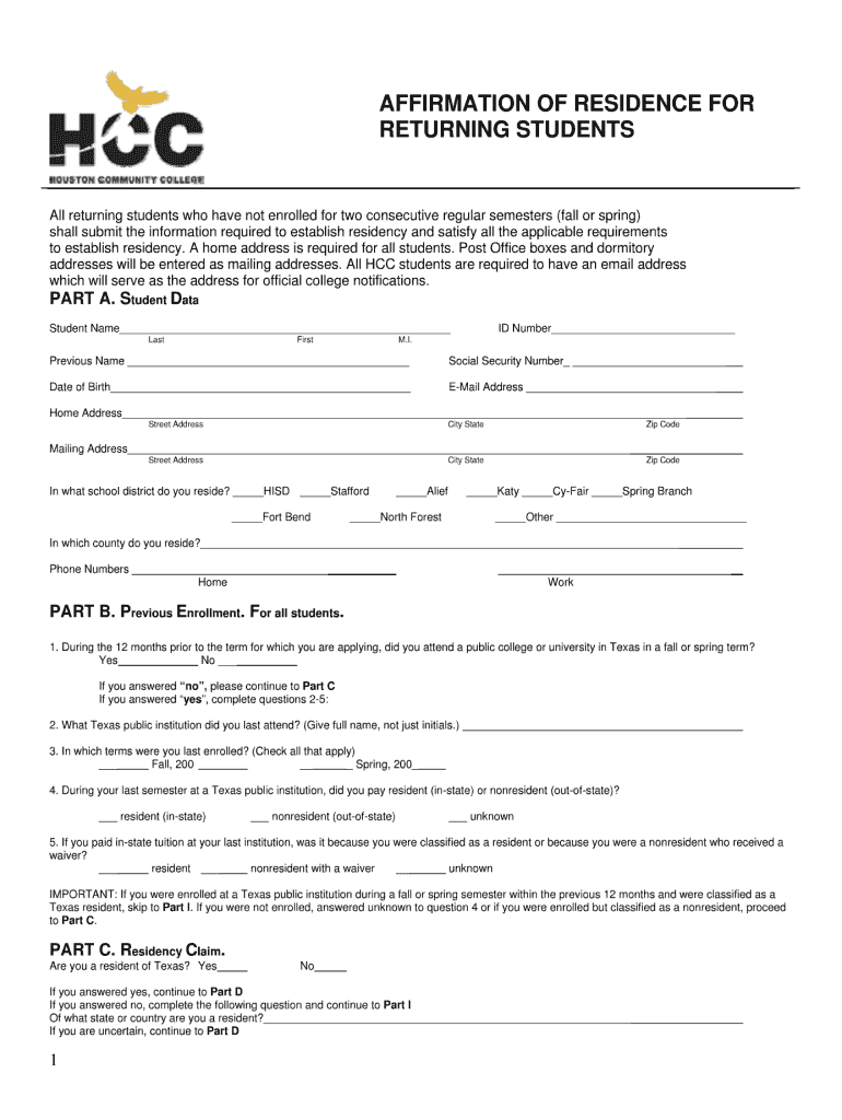 Hcc Affirmation of Residency Form Online