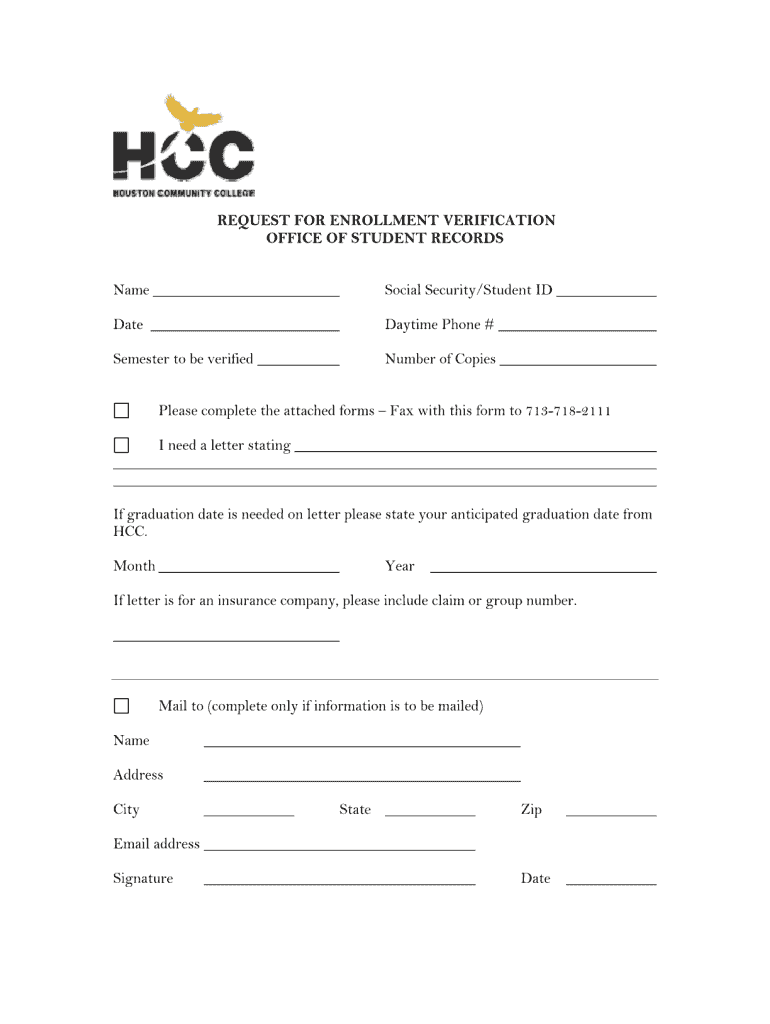 Hcc Office for Enrollment Verification  Form