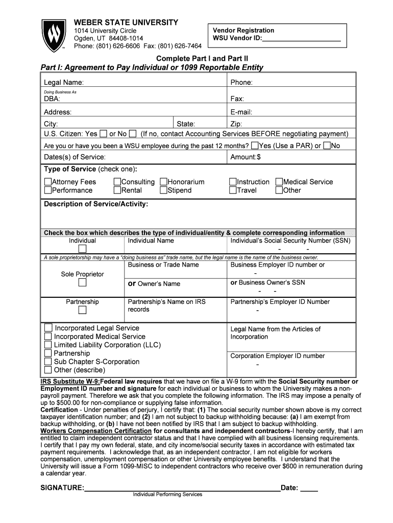 Agreement to Pay Individual or 1099 Reportable Entity  Departments Weber  Form