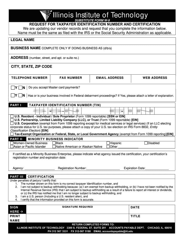 Tax Identification Request Form  Illinois Institute of Technology  Iit