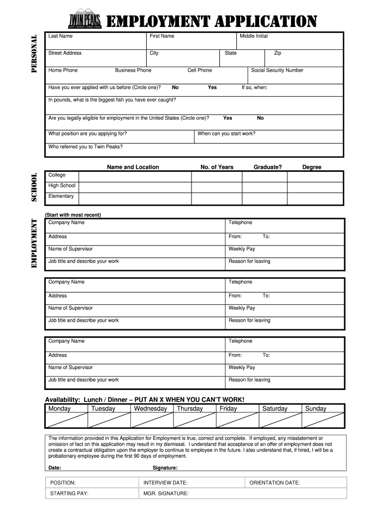 Twin Peaks Employment Application  Form