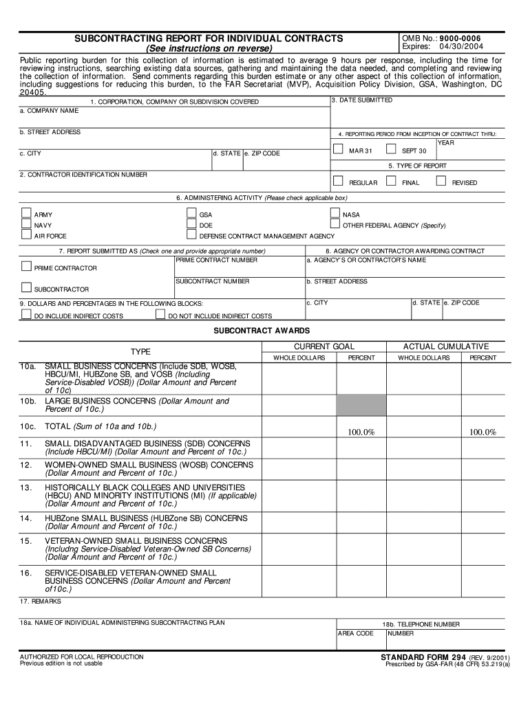 SUBCONTRACTING REPORT for INDIVIDUAL CONTRACTS    Dartmouth  Form