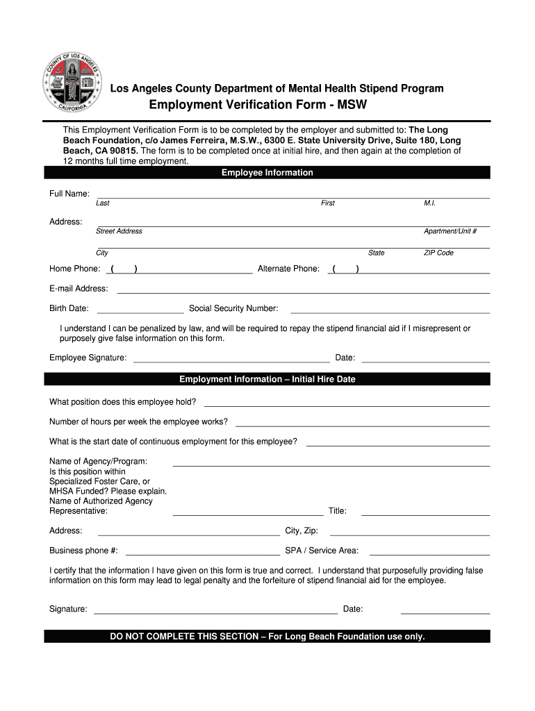 Employment Verification Form  MSW  Csulb