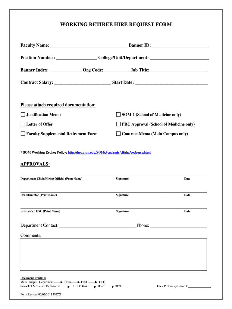 WORKING RETIREE HIRE REQUEST FORM  Hsc Unm