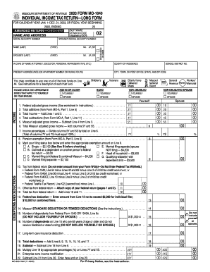 MISSOURI DEPARTMENT of REVENUE FORM MO 1040 INDIVIDUAL INCOME TAX RETURN LONG FORM for CALENDAR YEAR JAN Dor Mo