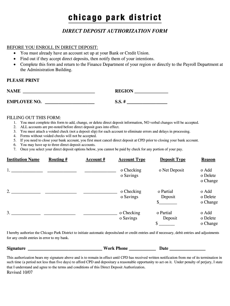 Get and Sign Chicago Park District Direct Deposit 2007-2022 Form