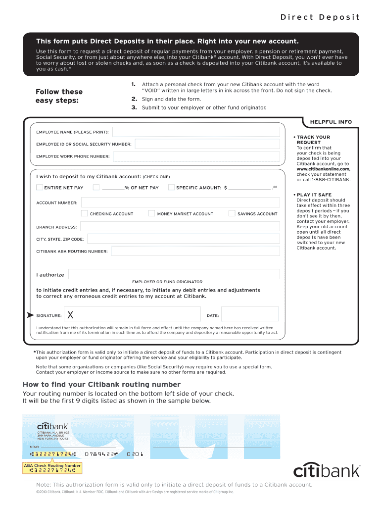 Citibank Direct Deposit Form