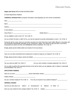 Application for Maple Leaf Farms Form