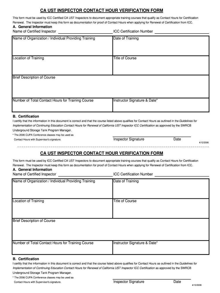 CA UST INSPECTOR CONTACT HOUR VERIFICATION FORM    Swrcb Ca