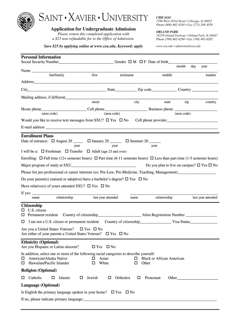 Application for Undergraduate  Saint Xavier University  Sxu  Form