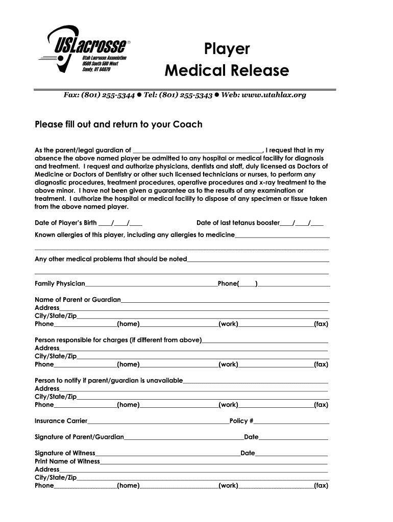 Medical Release Player  Form