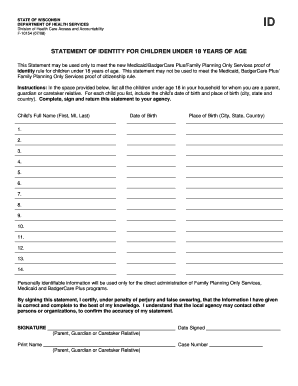 Statement of Identity for Children under 16 Years of Age, F 10154 Statement of Identity for Children under 16 Years of Age Dhs W  Form