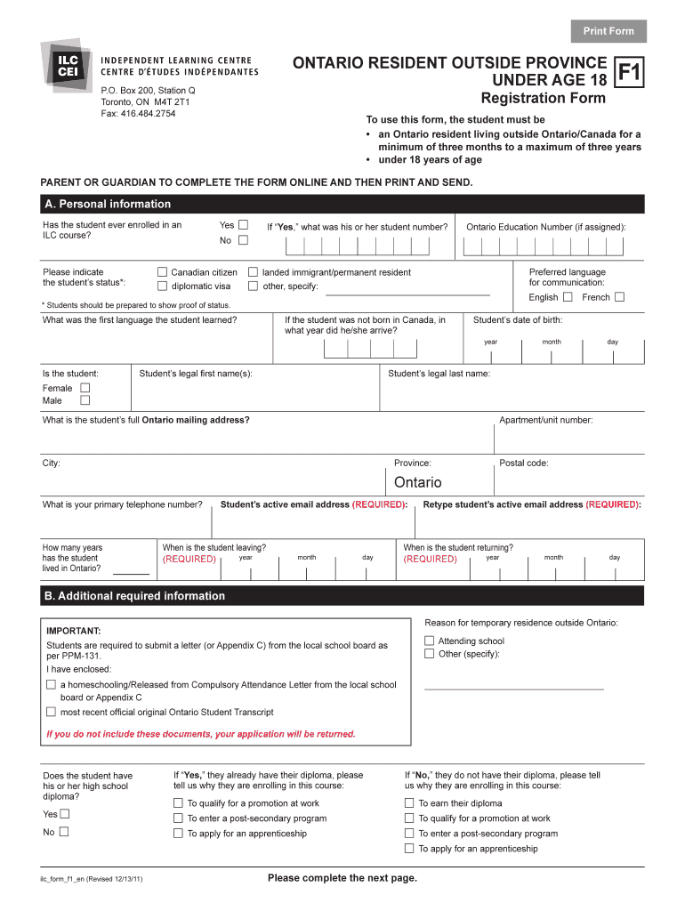 ONTARIO RESIDENT OUTSIDE PROVINCE under AGE 18  ILC Org  Form
